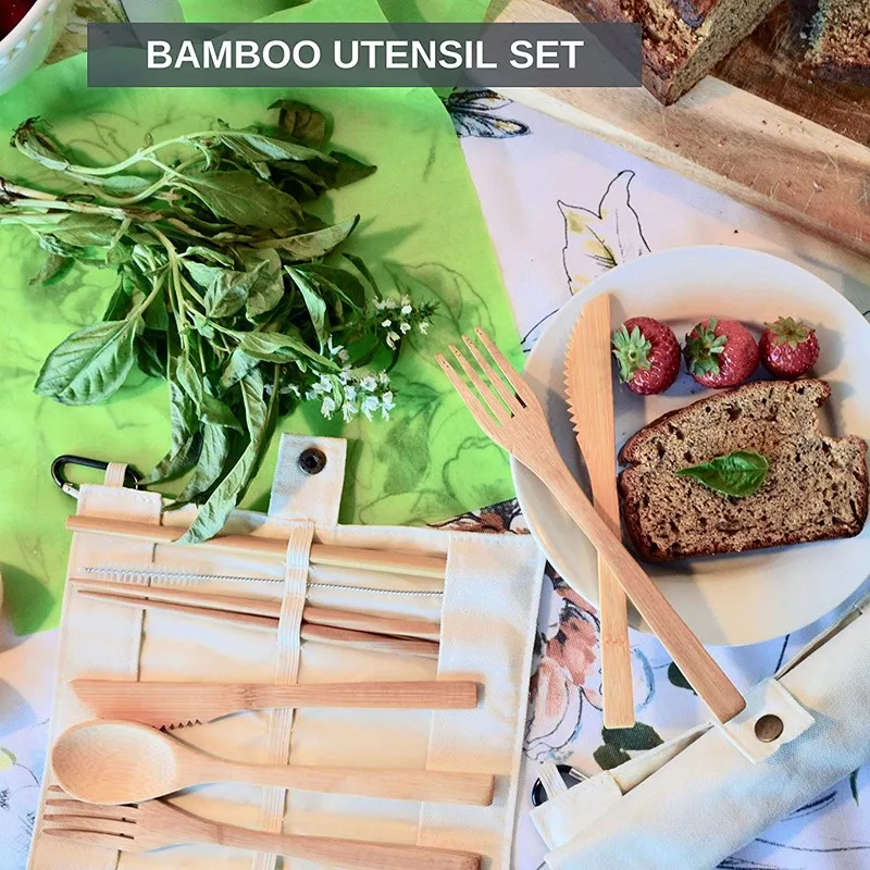 Дорожный набор столовых приборов многоразовый из бамбука для пикника обеда