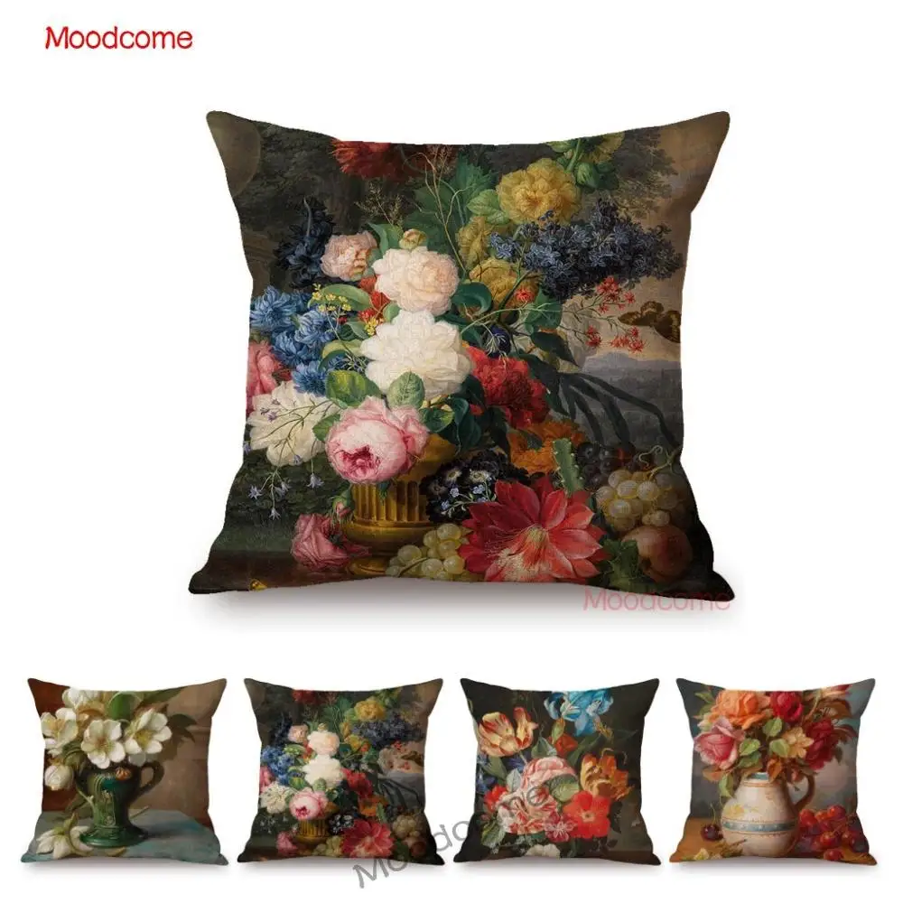 Antique Classic Flower Pot Still Life Oil Painting Art Rose Daffodil Tulip Royal Throw Pillow Cover Cotton Linen Cushion Cover Cushion Cover Aliexpress