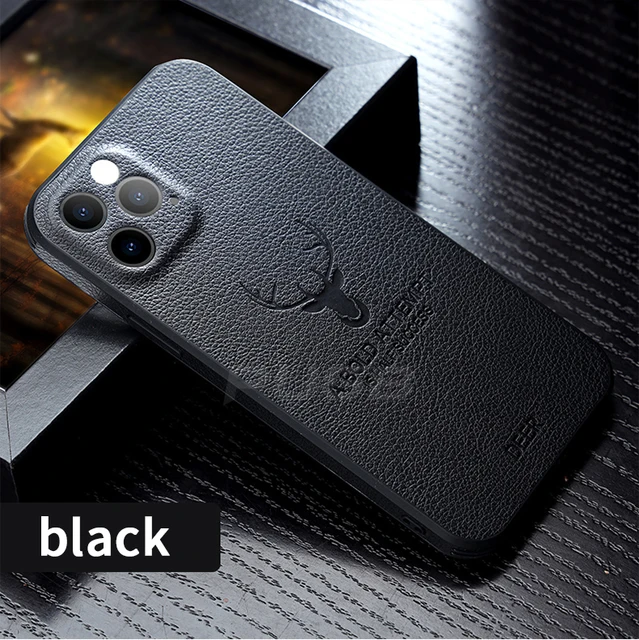 Luxury Leather Texture Square Frame Case For iPhone 11 12 13 Pro Max Mini X XR XS Deer Camera Protection Shockproof Phone Cover Black