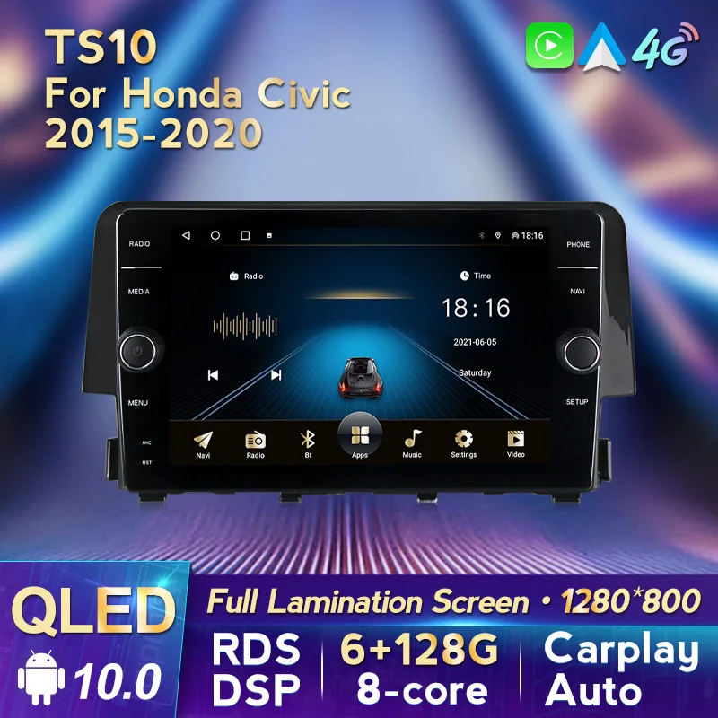 Светодиодный экран MLOVELIN QLED Android 10DSP Carplay Auto для Honda Civic 10 FC FK 2015-2020 автомагнитола