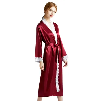 

Autumn Spring Women Satin Silk Long Thin Nightgown Ladies Lace Edge Casual Home Wear Clothes Bathrobe Hot Sale 2020 New Arrival