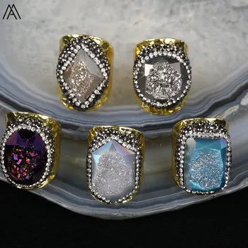

5PCS Random Color Freeform Druzy Drusy Stone Gold Copper Rings,Fashion Men Druzy Agates Paved Rhinestone Rings Jewelry HS-19AMAI