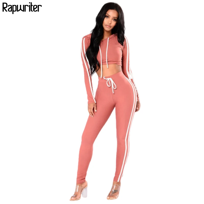 

Rapwriter Striped Tracksuit Women Crop Top Hoodied And Drawstring Straight Pants Two Pieces Set Women 2020 Women Cloth Outfits