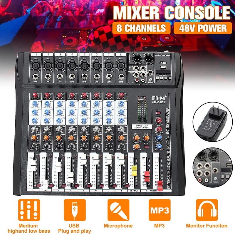 

8 Channel Audio Mixer with USB DJ Sound Mixing Console MP3 Jack 8 Channel Karaoke 48V Amplifier For Karaoke KTV Match Party
