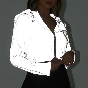 

Dihope Full Reflective Jacket Women Harajuku Style Hooded Hip-hop Streetwear Night Shiny Zip Up Long Sleeve Crop Top Coat