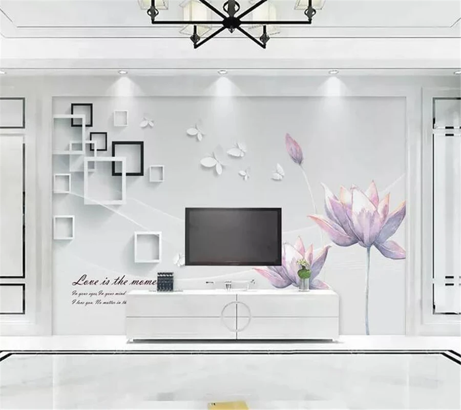 mural papel de pared Custom wallpaper Purple Flowers Butterfly Box 3D Stereo TV Background Wall papier peint wall paper | Обустройство