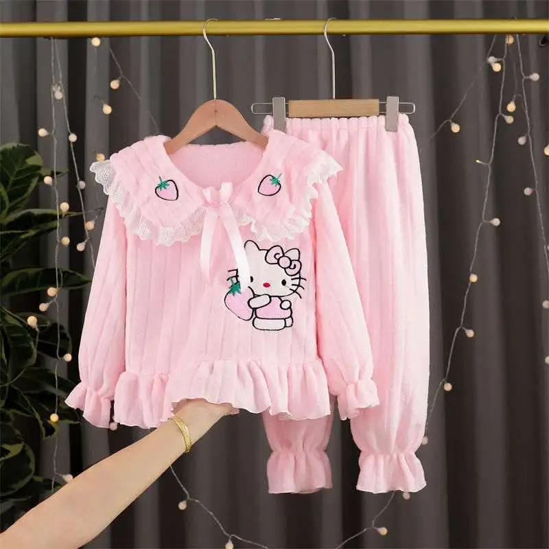 Ropa para niños de Hello Kitty, pijamas gruesos de franela para niñas de otoño e invierno, traje de manga larga de Estilo Princesa bonito