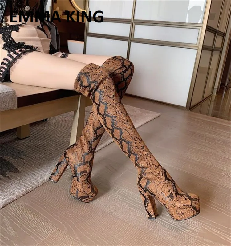 

EMMA KING Microfiber Leather High Square Heels Boots Women Sexy Snake Pattern Platform Over the Knee Boots High Heels Shoes