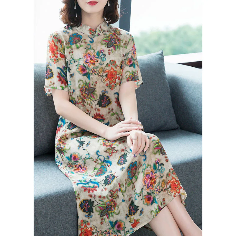 

Silk Dress Women's 2019 Models in Europe And America Stand Collar Chinese-style Improved Cheongsam Retro Mulberry Silk Dress