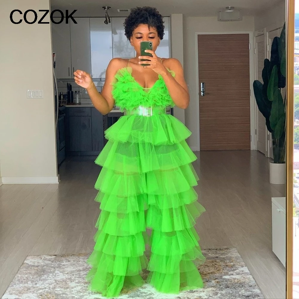 Puffy Two Pieces Women Prom Dresses Sets Tiered Ruffle Neon Green Plus Size Tops And Pants Tulle Pants Gown - AliExpress