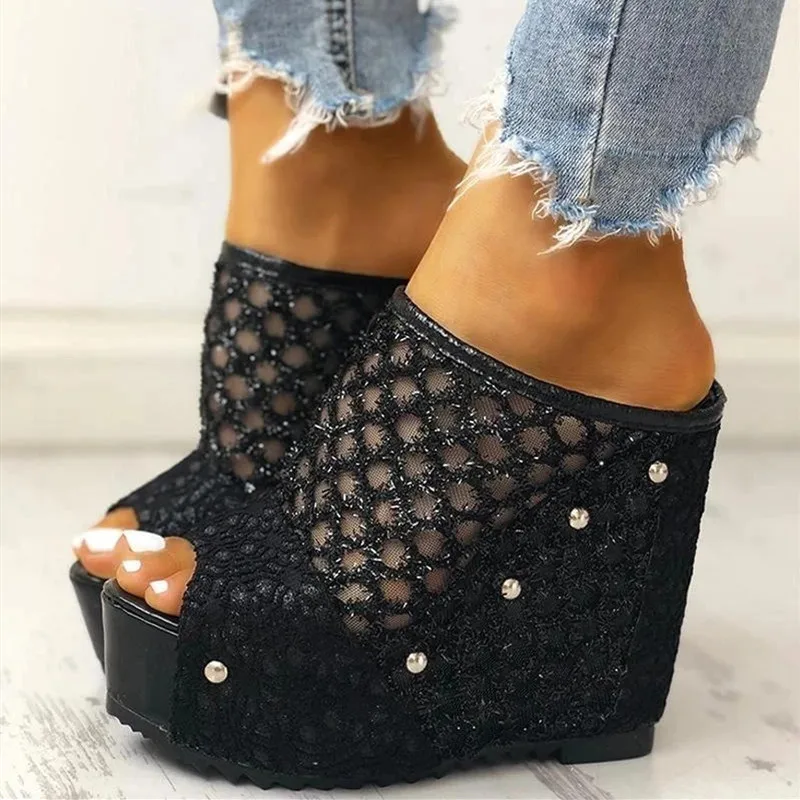 Women High Heels Platform Sandals Summer Mesh Slip On Peep Toe Rubber Sole