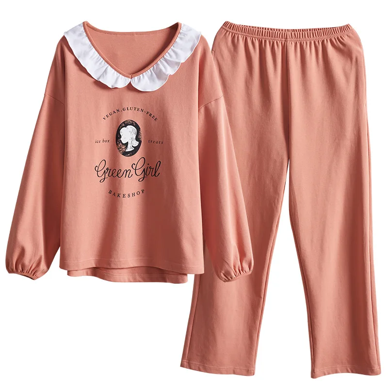 

Autumn Pyjamas Women Knitted Cotton Pajamas Set Cartoon Pijamas Mujer Long Sleeve Sweet Casual Plus Size M-4XL Sleepwear Womens