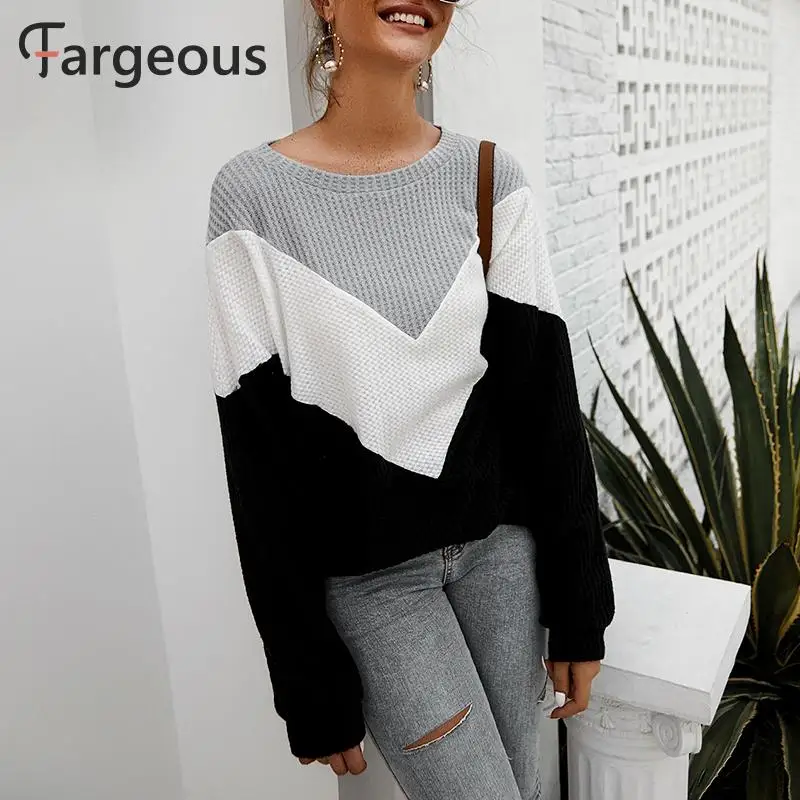 Fargeous, Женская Повседневная Лоскутная футболка, Осень-зима, длинный рукав, цвет блока, свободная рубашка, для девушек размера плюс, модные вязаные топы
