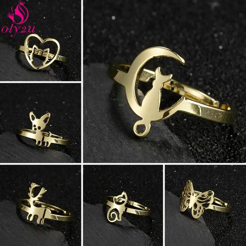 Bague De Mariage En Acier Inoxydable Pour Femmes Cœur Dore Taille Reglable Chat Mignon Chien Papillon Couleur Argent Cadeau Bijoux 21 Aliexpress