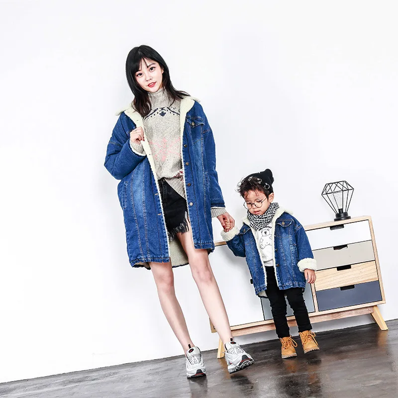 

Children's Coat Lamb Fur Long Denim Jacket Parent-child Autumn Winter Models Mother Child Female Boy Girl Clothing Outerwear