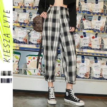 

Plaid Pants For Women 2020 Summer Retro Loose Cotton Thin Ladies Causal Harem Harlan Trousers Streetwear