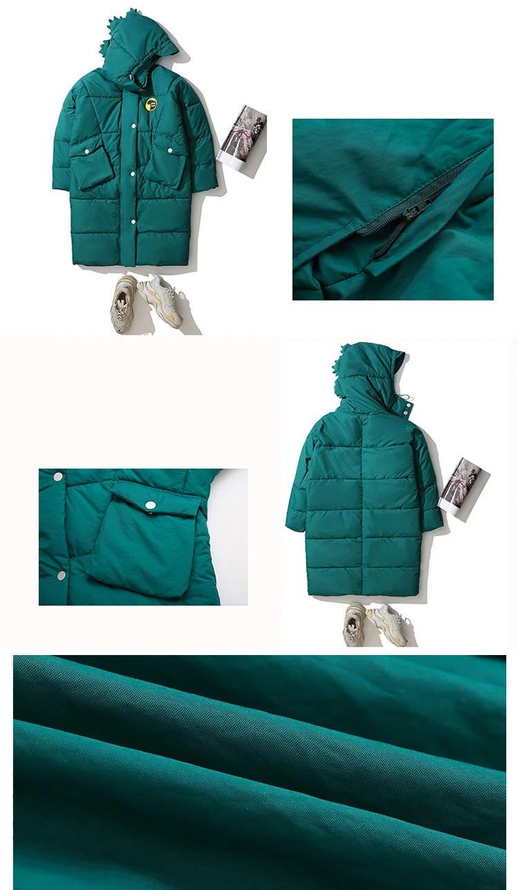 FICUSRONG, элегантная женская зимняя куртка с мультяшным значком, с хлопковой подкладкой, теплая, утолщенная, с капюшоном динозавра, длинное пальто, парка, женские куртки