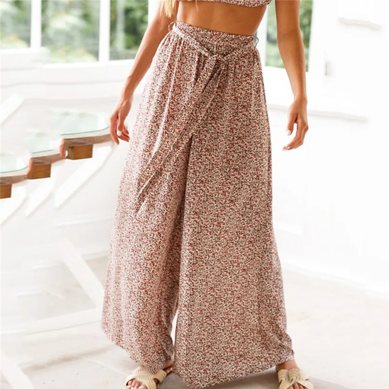 Boho женские Мешковатые расклешенные брюки офисные женские широкие брюки Gypsy Palazzo с высокой талией свободные широкие брюки Брюки-клёш