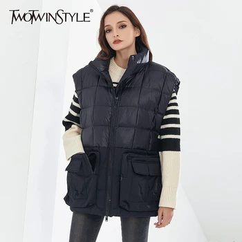 

TWOTWINSTYLE Casual Hit Color Tops For Women Stand Collar Sleeveless Patchwork Pocket Oversized Cotton Vest Female Winter Style