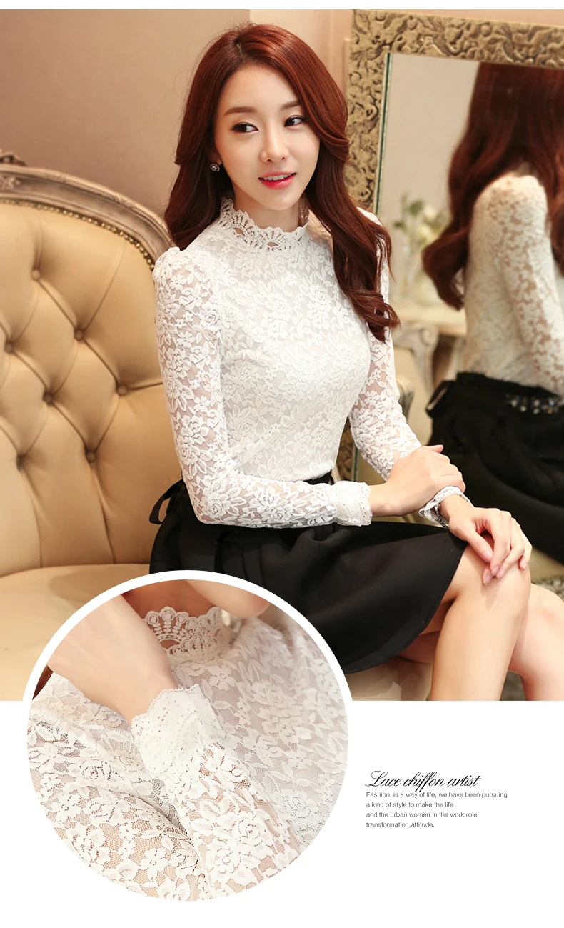 long sleeve blouse Fashion 2021 Plus Size Lace Crocheted Hollow Out Top Stand-up Collar White Blouse Woman Sweet Long Sleeve Shirts Blusas 1695 womens blouses