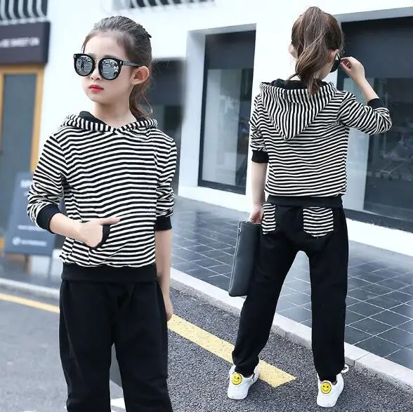 Spring Teen Girls Clothes Kids Sport Set Striped Costume Hooded Sweatshirt+Pants 2pcs Children's Tracksuit For Baby Girl 4-12Yrs | Детская