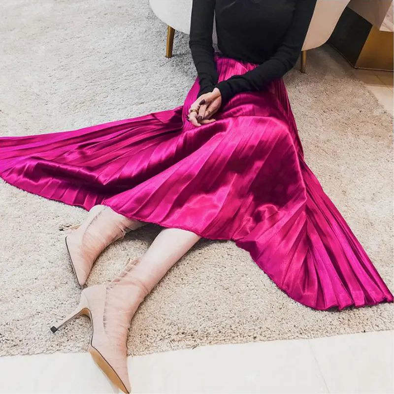 

Flectit Fuchsia Metallic Pleated Midi Skirt Vintage High Waist Accordion Pleat Skirts Women Fall Winter Weekend Date Outfits *