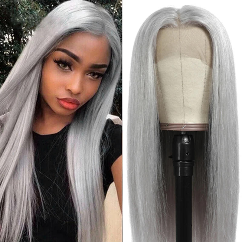 Wig Human-Hair-Wigs Gray Lace-Front Grey Silver Pre-Plucked Brazilian Straight 13x4 Long-Inch