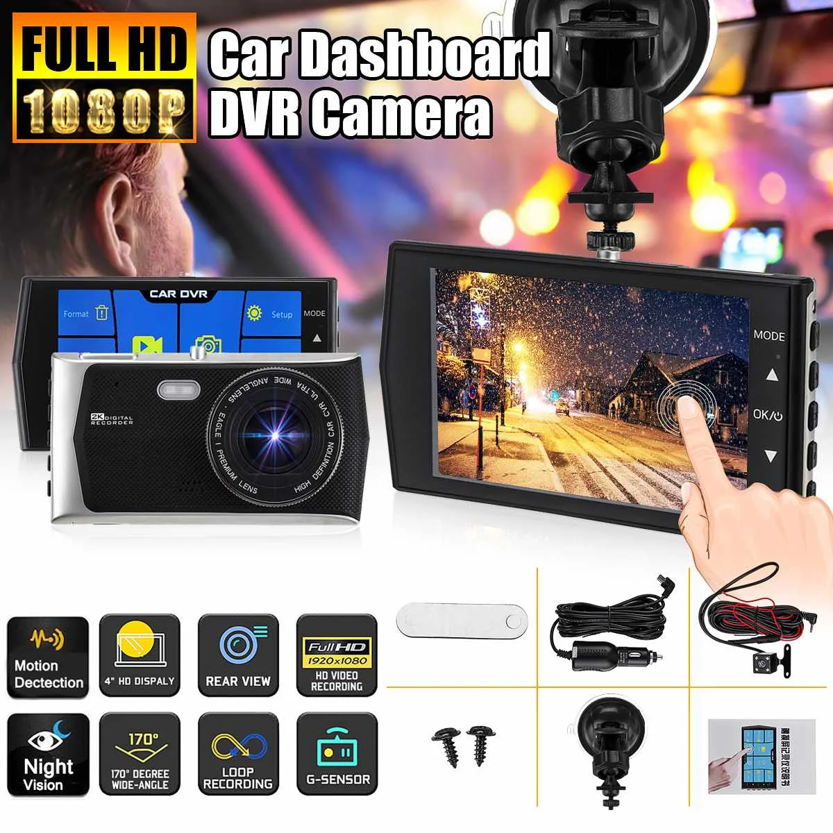 1080P " автоматический Автомобильный видеорегистратор Dashcam Автомобильный видеорегистратор фронтальная камера заднего вида сенсорный экран g-сенсор 170 градусов