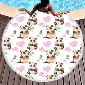 

Cartoon Cat Panda Summer Round Beach Towels Animals Microfiber Bath Shower Towel Tassel Quick Compressed Towel Tapestry Yoga Mat