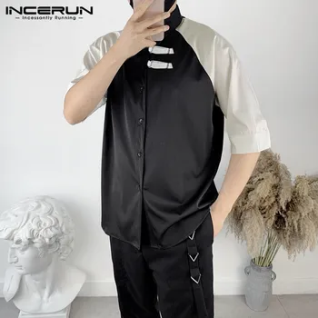 

INCERUN Summer Patchwork Men Shirt Vintage 2020 Half Sleeve Tops Lapel Button Streetwear Camisa Korean Chic Men Shirts Plus Size