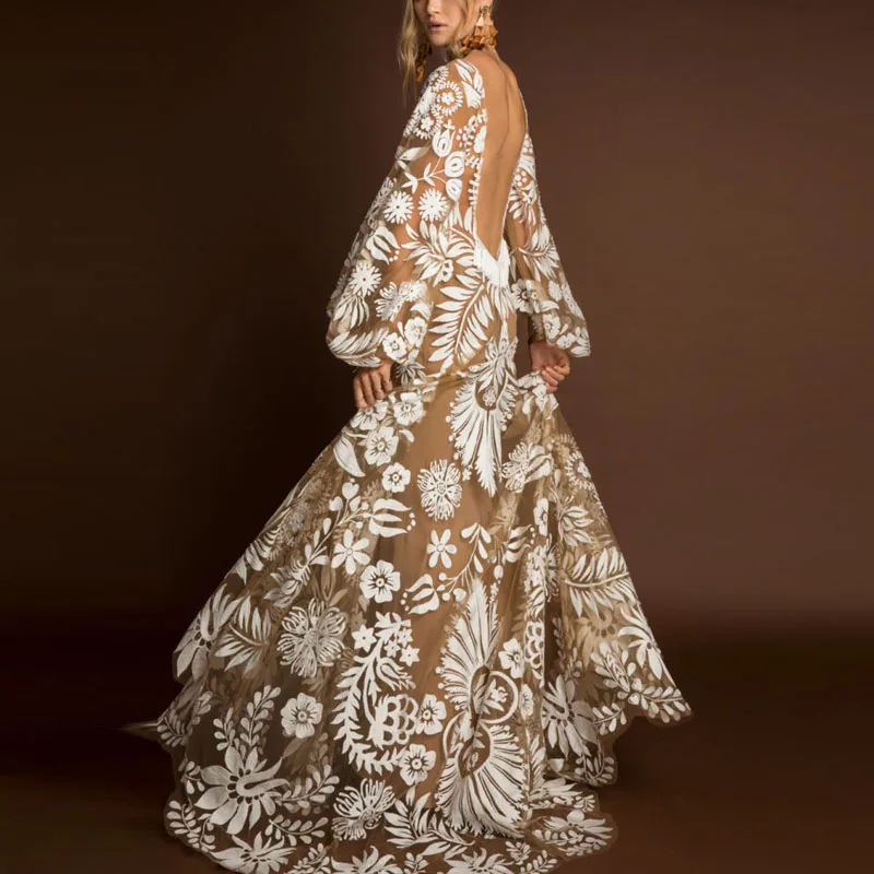 Женское Прозрачное цветочное элегантное кружевное длинное платье с v-образным вырезом, сексуальное Макси осеннее зимнее вечернее платье Vestidos