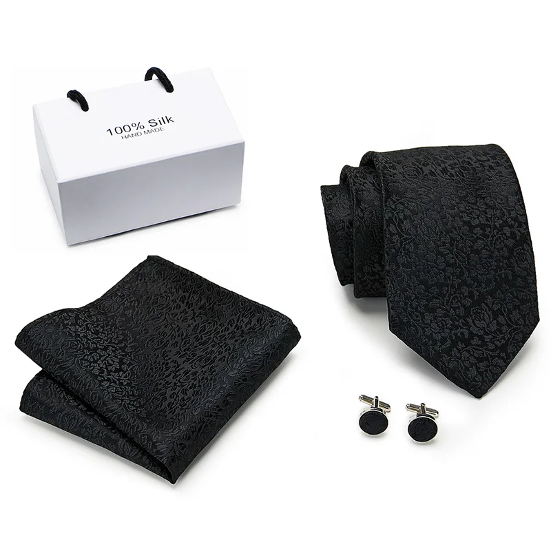 

Solid Black 100% Silk Novelty Tie Set 8 cm Solid Woven Necktie Fashion Designers Tie For Men Wedding Business