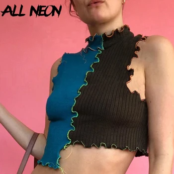 

ALLNeon E-girl Fashion Patchwork Anomalistic Hem Ruffles Crop Tops Y2K Punk Style Ribbed Stand Collar Sleeveless Tank Top 90s