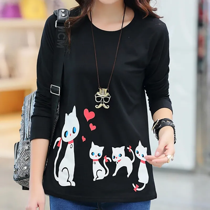 

Autumn Casual Women All-match T-Shirt Round Neck Cat Print Pullover T-Shirt Long Sleeve Basic Tops