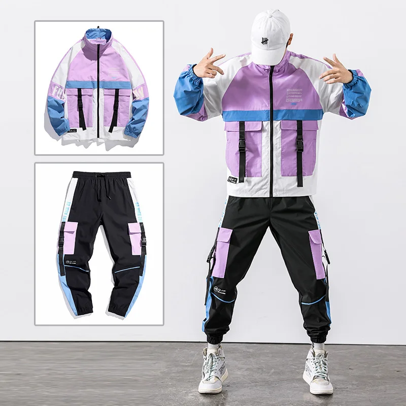 

2020 Hip Hop Workwear jacket Mens Tracksuit Jacket+Pants 2PC Sets baseball loose Zipper Ribbons Coat & Long Pants Mens Clothing