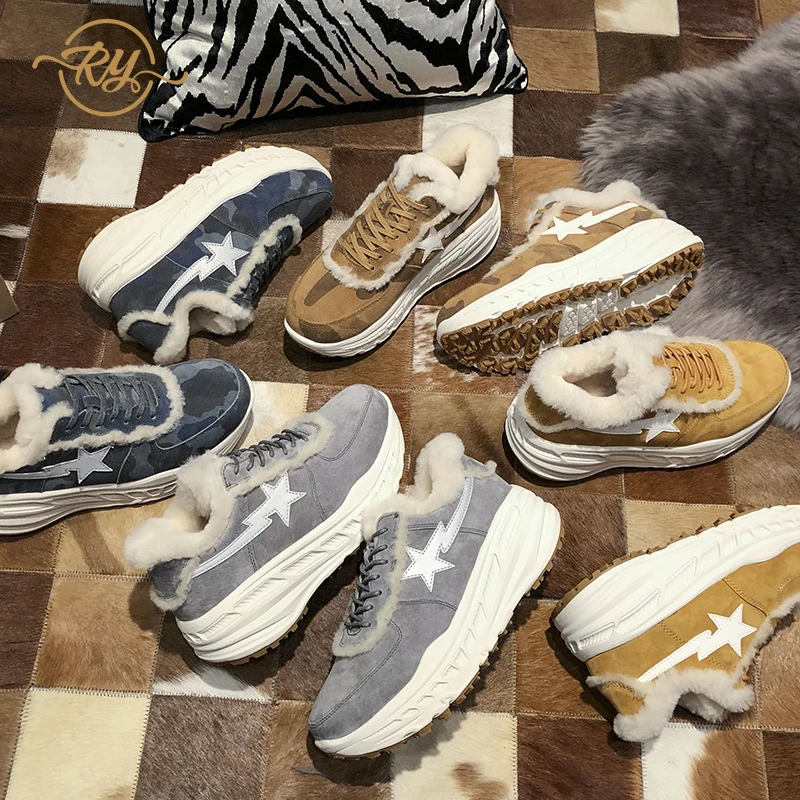 

RY-RELAA women sneakers 2018 fashion Genuine Leather wedges shoes for women Sheepskin wool integration shoes woman casual shoes