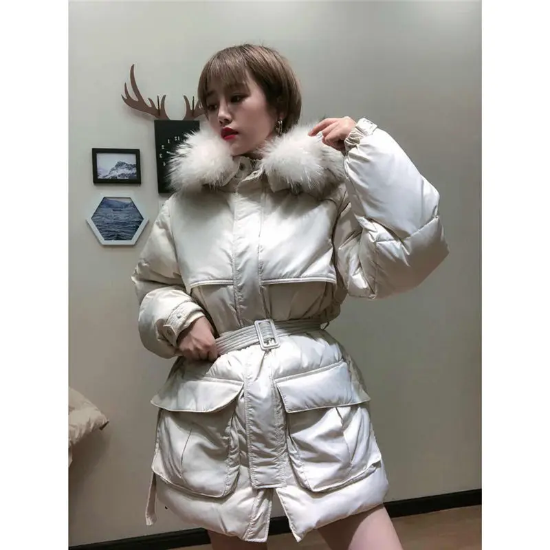 White Down Coat Winter Woman Fashion New Hooded Fur Collar Warm Thicken Cotton Clothing Casual Parkas Belt Overcoat f1401