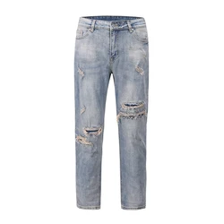 Harajuku Streetwear Washed Hole Jeans for Men Straight Harajuku Frayed Distressed Mens Denim Trousers Hip Hop Loose Pencil Pants