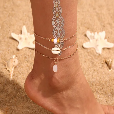 Shell Ankle Bracelet Set For Women Bohemian Rope Chain Sequin Anklets Summer Beach Girls Barefoot Leg Chain Boho Jewelry