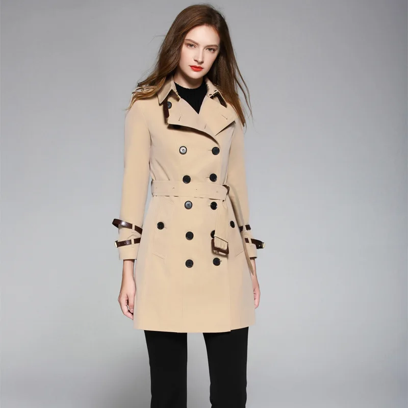 

2018 Autumn And Winter Classic Honey Color Trench Coat Women's Slim Fit Double Breasted Europe And America Glorious Double Sleev