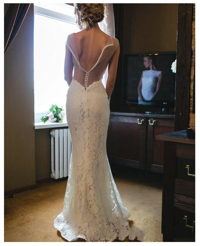 LORIE-2019-White-Mermaid-Wedding-Dress-High-Neck-Appliqued-Tulle-Stare-Sleeves-Boho-Wedding-Gown-Long (3)