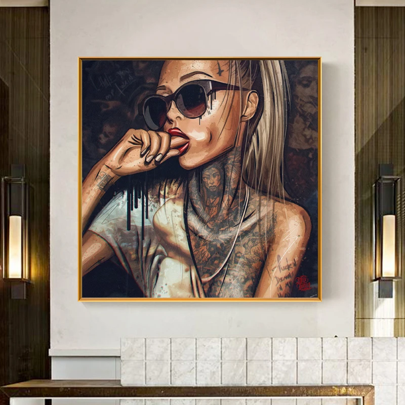 

Pop Art Cool Girl Tattoo Pictures Abstract Modern African Canvas Painting New Graffiti Street Women Portrait Wall Art For Room