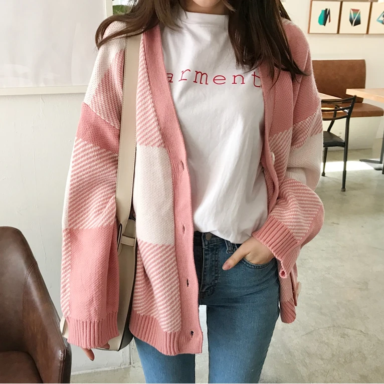 JSXDHK Autumn Winter Women's Cardigans New 2020 Fashion Sweet Single Breasted V Neck Knitting Plaid Pink Loose Sweater Coat |