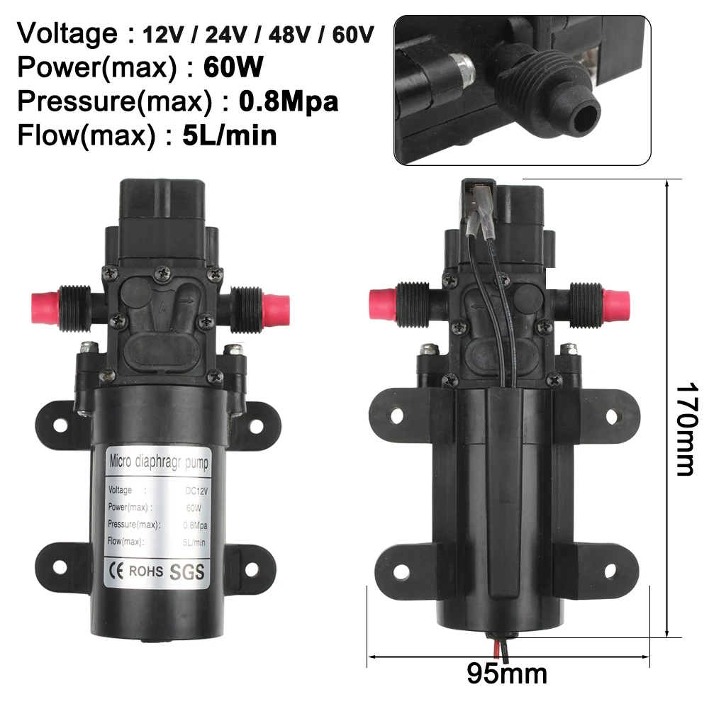 12 В 12 в 24 в 48 в 60 в 60 Вт микро электрический мембранный Водяной насос автоматический переключатель высокого давления автомойка спрей водяной насос 5л/мин