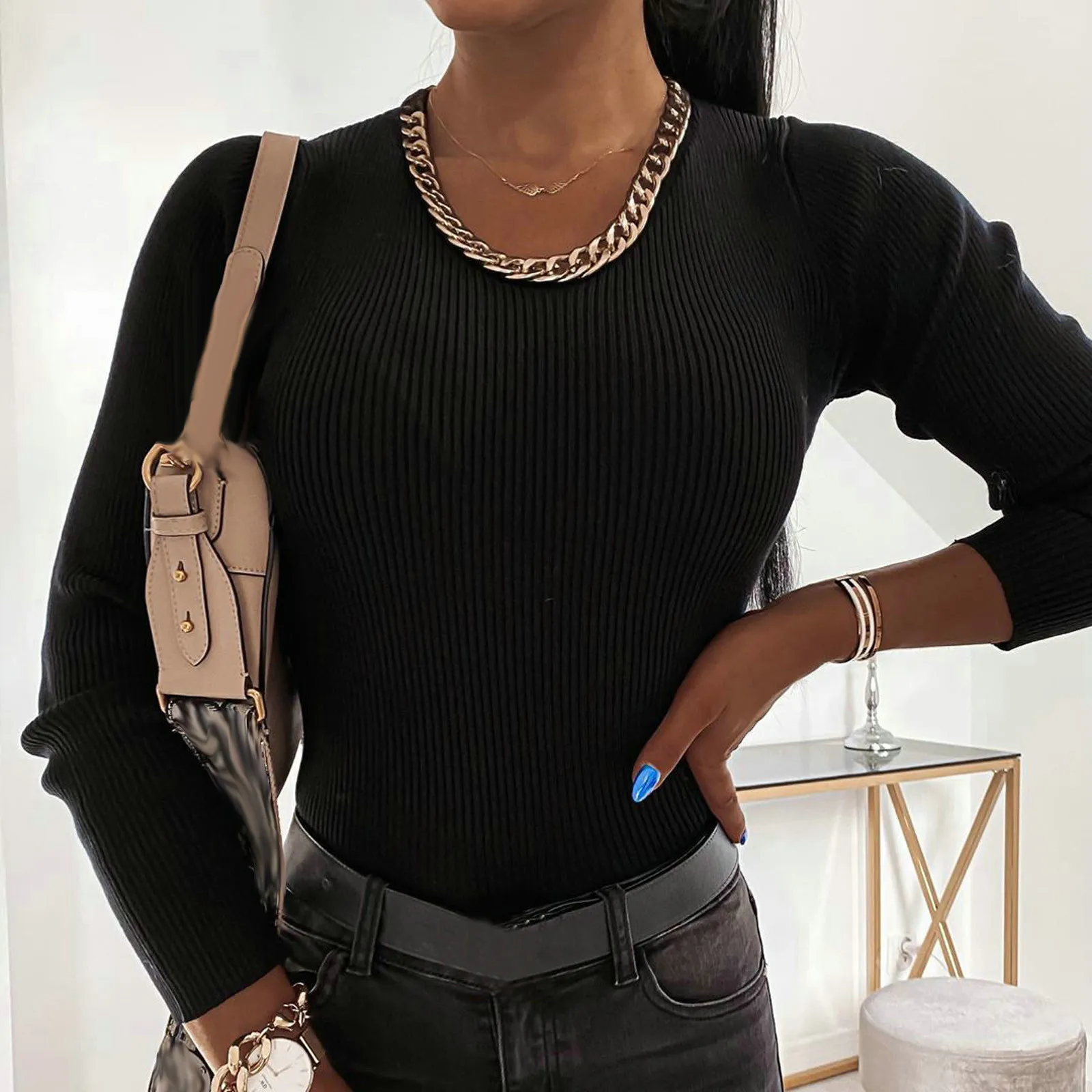 

Fashion Women Sweaters Solid O-Neck Sexy Chain Long Sleeve Sweater all-match Pullover Slim Tops Spring Autumn Daily Wear 2020