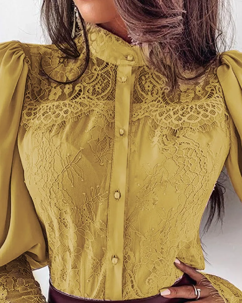  Elegant Lace Patchwork Puff Sleeve Buttoned Blouse Long Sleeve Autumn Winter Shirt
