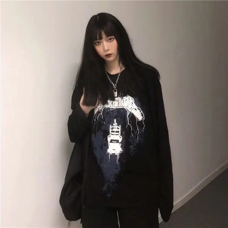 Готический Темный принт Женская одежда свободного размера плюс Топ Повседневная с длинными рукавами дикая футболка черные женские топы