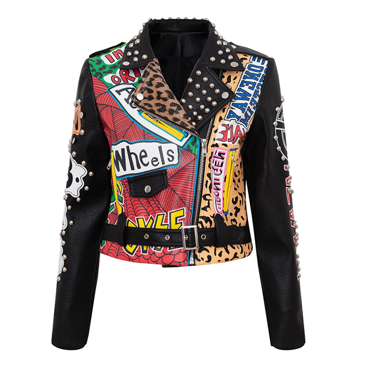 New Occident Punk Women PU Motor Stud Graffiti Jacket Female Classic Rivet Coat zipper Letter Print Slim Faux Leather Short Tops new women spring leopard print pu rivet jacket zipper studs coat lapel collar moto belt female faux leather windbreak outerwear