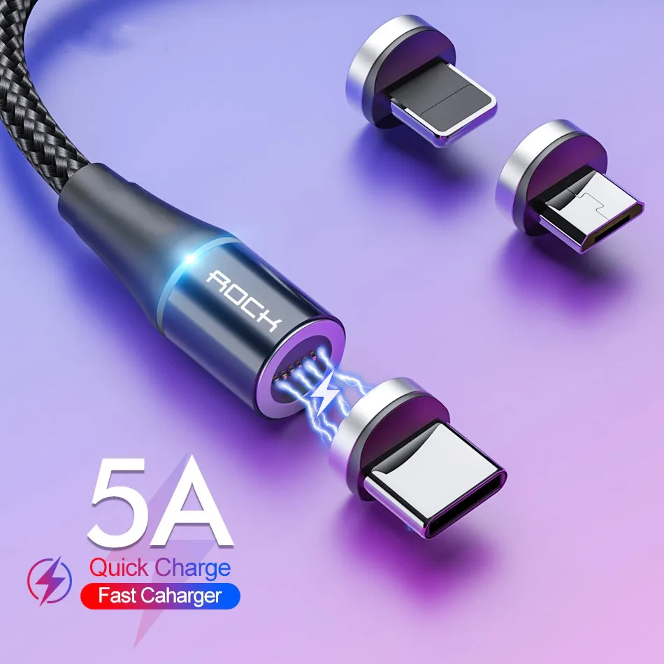Магнитный кабель ROCK 1 м 2 для быстрой зарядки 5A iPhone X Xiaomi Samsung Micro Usb Тип C зарядный