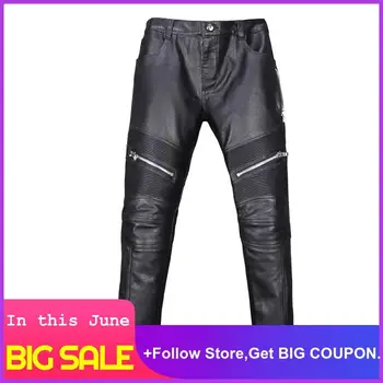 

2020 Black Men Long American Motorcycle Style Leather Trousers Large Size XXXXL Genuine Sheepskin Autumn Biker's Leather Pants